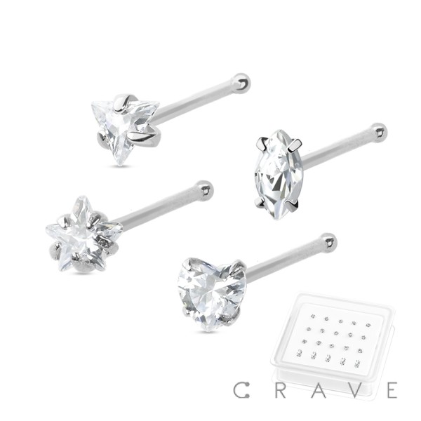 20PCS OF TRIANGLE, STAR, HEART, SQUARE, MARQUIS CZ 925 STERLING SILVER NOSE BONE