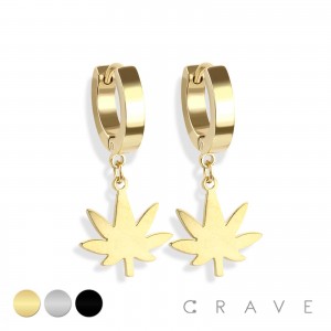 PAIR OF 316L STAINLESS STEEL IP HUGGIE/HOOP EARRINGS WITH MARIJUANA POT DANGLE