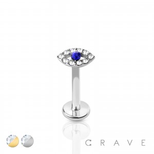 316L SURGICAL STEEL INTERNALLY THREADED LABRET/MONROE EVIL EYE WITH GEM BALL