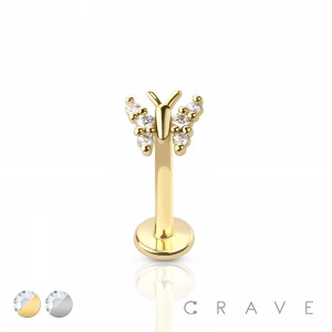 BUTTERFLY TOP (ALLOY) INTERNALLY THREADED 316L SURGICAL STEEL LABRET/MONROE WITH PRONG SET CZ STONES