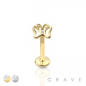 BUTTERFLY TOP (ALLOY) INTERNALLY THREADED 316L SURGICAL STEEL LABRET/MONROE WITH PRONG SET CZ STONES