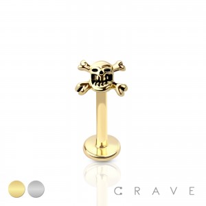SKULL CROSSBONES (ALLOY) INTERNALLY THREADED 316L SURGICAL STEEL LABRET/MONROE WITH PRONG SET CZ STO