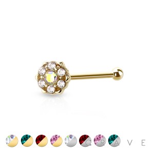  316L SURGICAL STEEL NOSE BONE STUD W/ PRONG SET CZ CENTERED GEM PAVED OUTER CIRCLE 6 POINT FLOWER