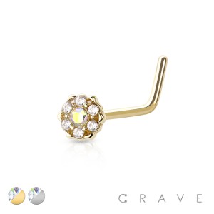 316L SURGICAL STEEL NOSE "L"BEND W/ PRONG SET CZ CENTERED GEM PAVED OUTER CIRCLE 6 POINT FLOWER