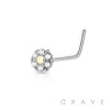 316L SURGICAL STEEL NOSE "L"BEND W/ PRONG SET CZ CENTERED GEM PAVED OUTER CIRCLE 6 POINT FLOWER