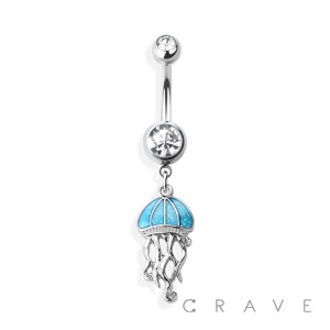 OPAL JELLYFISH 316L SURGICAL STEEL DANGLE NAVEL RING (SUMMER)