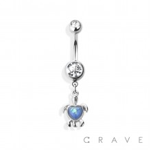 OPAL HEART TURTLE 316L SURGICAL STEEL DANGLE NAVEL RING (SUMMER)(ANIMAL)