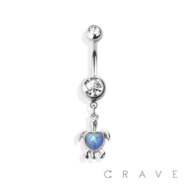 OPAL HEART TURTLE 316L SURGICAL STEEL DANGLE NAVEL RING (SUMMER)(ANIMAL)