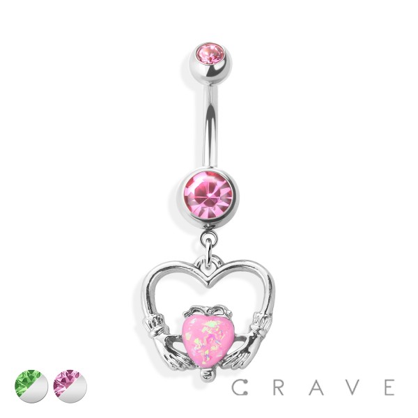 HANDS HOLDING OPAL HEART WITHIN A HEART DANGLE 316L SURGICAL STEEL NAVEL RING