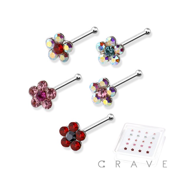 20PCS OF 925 STERLING SILVER NOSE BONE WITH FLOWER MIXED COLOR GEM