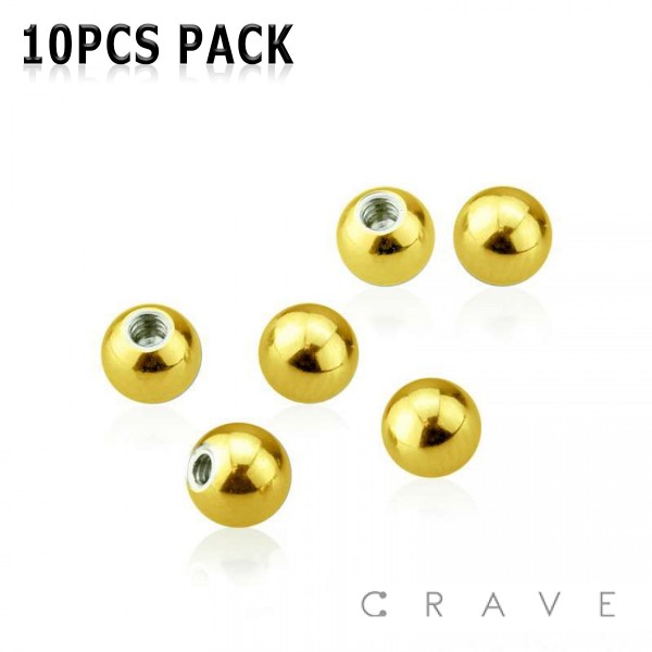 10PCS OF GOLD PLATED OVER 316L SURGICAL STEEL BASIC PLAIN THREADED BALLS PACKAGE