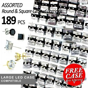 189 PCS OF ASSORTED 316L SURGICAL STEEL PRONG ROUND & SQUARE CZ STUD EARRINGS PANEL