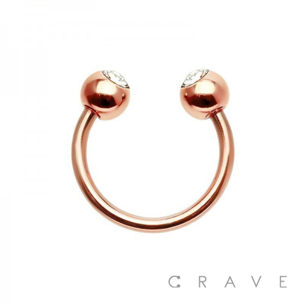 ROSE GOLD PLATED OVER 316L SURGICAL STEEL HORSESHOE WITH CLEAR GEM BALLS