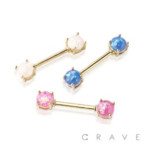 GOLD PLATED DOUBLE ROUND RESIN OPAL PRONG SET 316L SURGICAL STEEL NIPPLE BAR