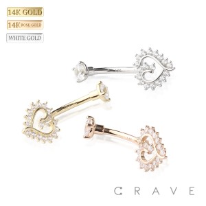 14Kt Gold PRONG SET CZ PAVED HEART DESIGN NON DANGLE NAVEL RING