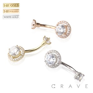 14Kt Gold PRONG SET ROUND CZ PAVED NON DANGLE NAVEL RING