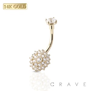 14K Gold PRONG SET FLOWER DESIGN CZ PAVED NON DANGLE NAVEL RING