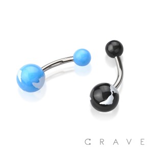 EARTH PATTERN PRINTED ACRYLIC BALL 316L SURGICAL STEEL BELLY NAVEL RING