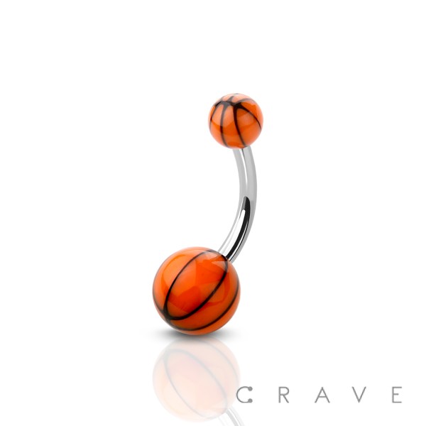 BASKETBALL PATTERN PRINTED ACRYLIC BALL 316L SURGICAL STEEL BELLY NAVEL RING