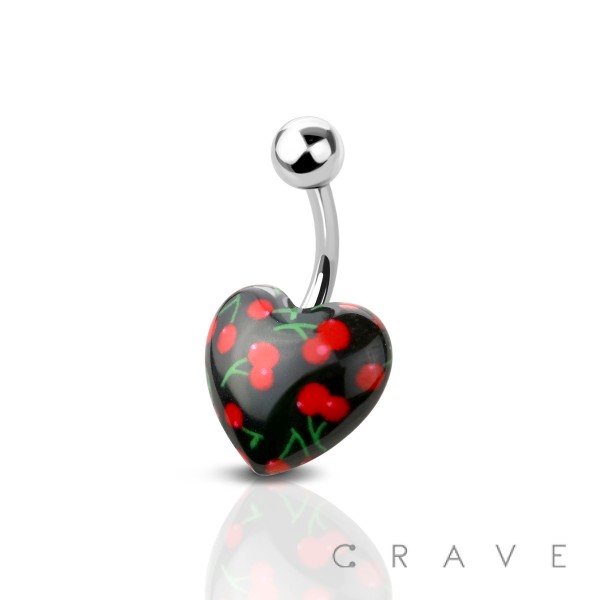 ACRYLIC BLACK CHERRY HEART 316L SURGICAL STEEL BAR BELLY RING