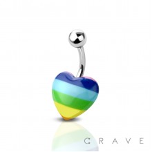 ACRYLIC RAINBOW HEART 316L SURGICAL STEEL BAR BELLY RING
