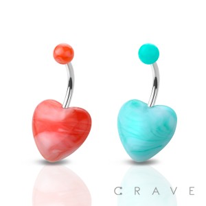 MARBLE LOOK ACRYLIC HEART 316L SURGICAL STEEL BAR BELLY RING