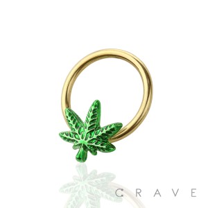GOLDEN MARIJUANA LEAF 316L SURGICAL STEEL CAPTIVE BEAD RING