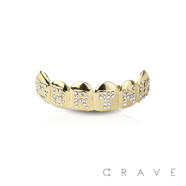 GEM PAVED  GOLD PLATED 6 TEETH MOUTH TOP HIP HOP BLING GRILLZ