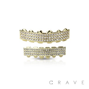 3 (THREE) ROW LINES GOLD PLATED 6 TEETH MOUTH TOP & BOTTOM HIP HOP BLING GRILLZ
