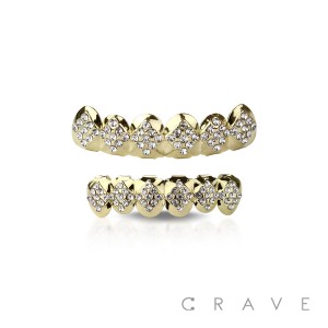 DIAMOND SHAPE GEM PAVED GOLD PLATED 6 TEETH MOUTH TOP & BOTTOM HIP HOP BLING GRILLZ