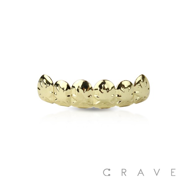 MARIJUANA ENGRAVED GOLD PLATED 6 TEETH MOUTH TOP HIP HOP BLING GRILLZ