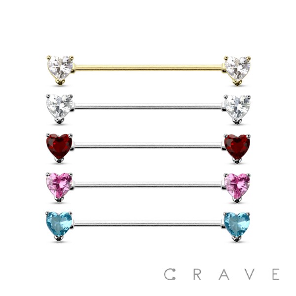 HEART CZ PRONG SET 316L SURGICAL STEEL INDUSTRIAL BARBELL