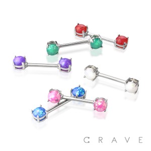 DOUBLE ROUND RESIN OPAL PRONG SET 316L SURGICAL STEEL NIPPLE BAR