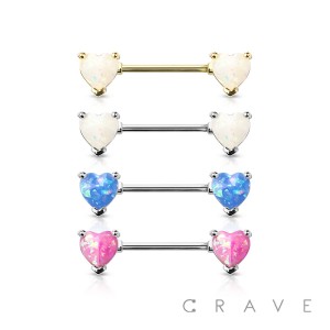 DOUBLE HEART OPAL PRONG SET 316L SURGICAL STEEL NIPPLE BAR