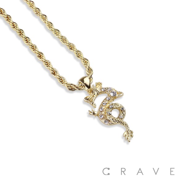 GEM PAVED FIERCE DRAGON HIP HOP BLING ALLOY PENDANT WITH CHAIN