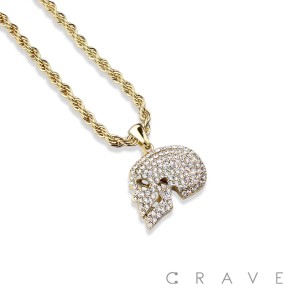 GEM PAVED WHITE SKULL HIP HOP BLING ALLOY PENDANT WITH CHAIN