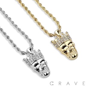 GEM PAVED CROWN SKULL HIP HOP BLING ALLOY PENDANT WITH CHAIN