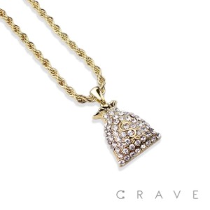 GEM PAVED MONEY BAG HIP HOP BLING ALLOY PENDANT WITH CHAIN