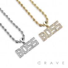 GEM PAVED "BOSS" HIP HOP BLING ALLOY PENDANT WITH CHAIN
