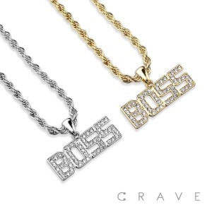 GEM PAVED "BOSS" HIP HOP BLING ALLOY PENDANT WITH CHAIN