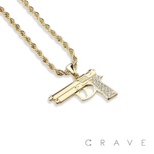 GEM PAVED PISTOL GUN HIP HOP BLING ALLOY PENDANT WITH CHAIN