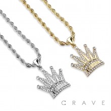GEM PAVED KING ENGRAVED CROWN HIP HOP BLING ALLOY PENDANT WITH CHAIN