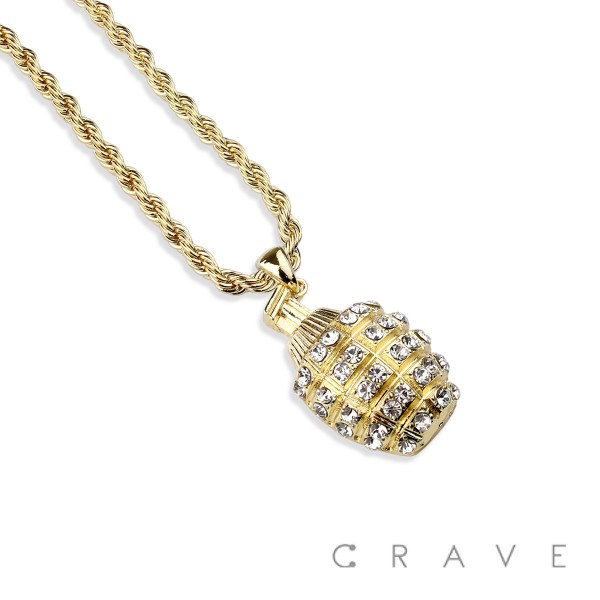 GEM PAVED GRENADE HIP HOP BLING ALLOY PENDANT WITH CHAIN