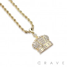 GEM PAVED ROYAL CROWN HIP HOP BLING ALLOY PENDANT WITH CHAIN