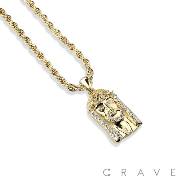GEM PAVED JESUS CHRIST HIP HOP BLING ALLOY PENDANT WITH CHAIN