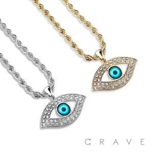 GEM PAVED HAMSA EYE HIP HOP BLING ALLOY PENDANT WITH CHAIN