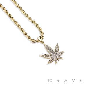 GEM PAVED MARIJUANA HIP HOP BLING ALLOY PENDANT WITH CHAIN