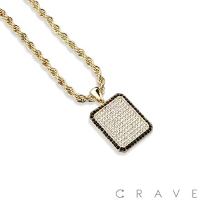 GEM PAVED BLACK EDGE TAG HIP HOP BLING ALLOY PENDANT WITH CHAIN