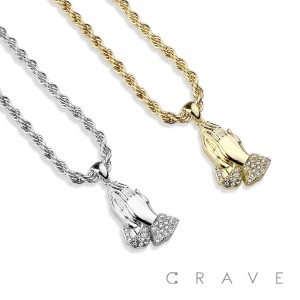 GEM PAVED PRAYING HANDS HIP HOP BLING ALLOY PENDANT WITH CHAIN