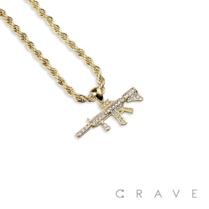 GEM PAVED AK-147 HIP HOP BLING ALLOY PENDANT WITH CHAIN